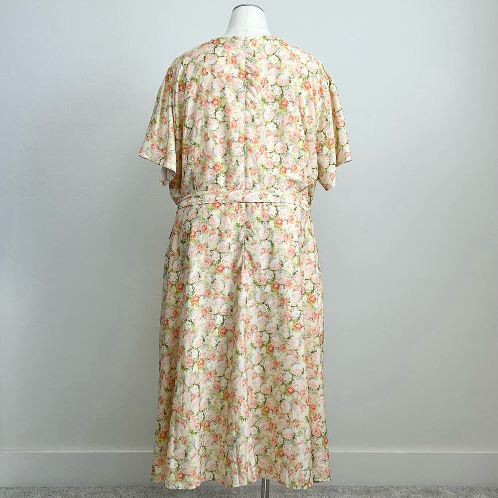 Ivy City Co. Yellow Pink Floral Rose Faux Wrap Short Sleeve Midi Lyra Dress NWT - Picture 9 of 13